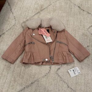 Pink Faux Leather Moto Jacket with Faux Fur Collar